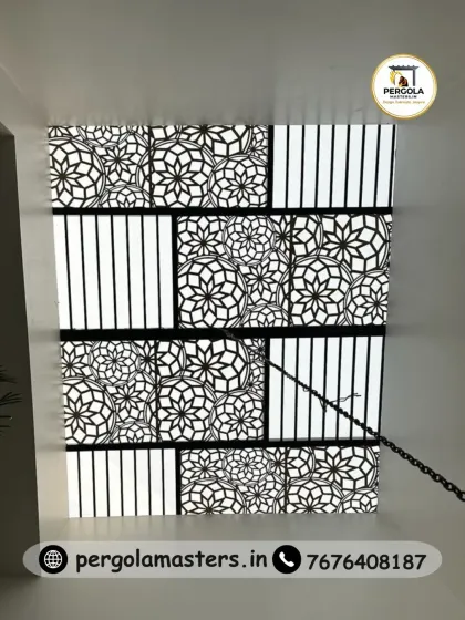 This skylight design mixes two distinct patterns: a complex floral motif and simple vertical lines. This combination creates visual interest and a unique light diffusion effect, showcasing our ability to create highly customized architectural elements.
