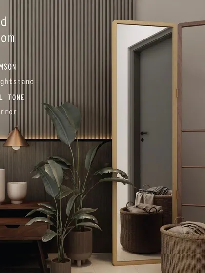 A bedroom styled with the Crimson Nightstand and Dual Tone Mirror. This setup shows how pieces from different collections can be mixed to create a personalized and sophisticated space.