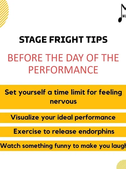 A graphic with tips for managing stage fright. I coach my students on techniques to feel calm and confident before they step on stage.