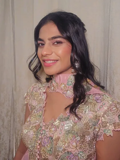 My client Tanishka, looking fresh and pretty in a pastel pink embroidered outfit.