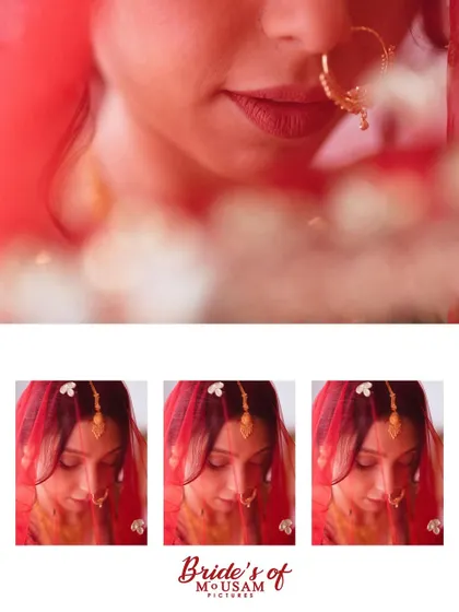 A collage focusing on the bride's face, seen through her red veil. This series of close-ups captures her delicate features and the romantic, traditional feel of the bridal look.