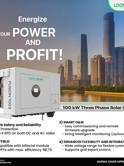 A complete solar solution requires more than just panels. Our FUSION 1003 is a 100 kW three-phase solar inverter designed for commercial and industrial use, featuring superb safety, high yield with 98.7% efficiency, and smart monitoring for optimal performance.
