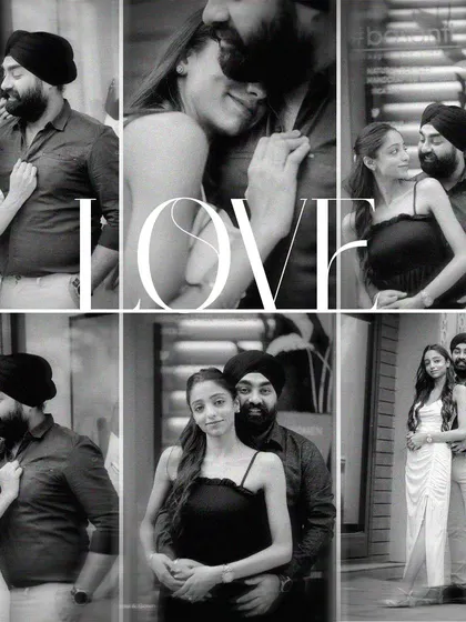 This black and white collage showcases the variety of a single pre-wedding shoot. It features a mix of romantic embraces, looking at the camera, and candid glances, telling a complete love story.