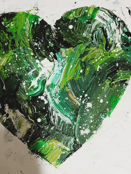 This green heart is full of life, with energetic strokes and white splatters. It represents abundance, nature, and the heart chakra. It's a piece to celebrate all the things we love.