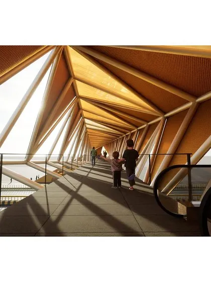 The interior of the footbridge reveals its complex geometric structure. The play of light and shadow through the triangulated frame creates a memorable experience for pedestrians.