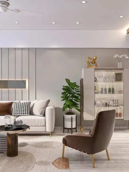 A sleek, freestanding bar cabinet is neatly tucked into a corner of the living room, providing a stylish solution for entertaining without taking up too much space.