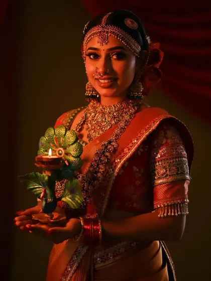 The bride's smile brings so much life to this festive portrait. The red bangles perfectly match her saree.