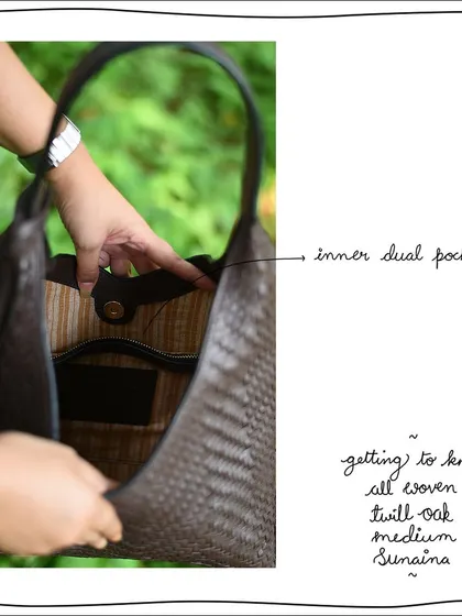 The inner dual pocket of the All Woven Twill Oak Medium Sunaina provides a secure, zippered space for your wallet and other valuables.