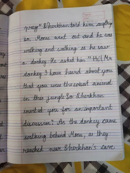 Another page from the handwritten Panchatantra story. Encouraging kids to write helps them internalize the structure and vocabulary they learn from reading.