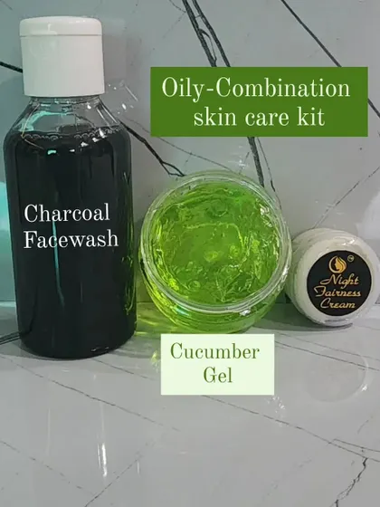 For oily to combination skin, I recommend this kit. It features the deep-cleansing Charcoal Facewash, cooling Cucumber Gel, and the Night Fairness Cream.