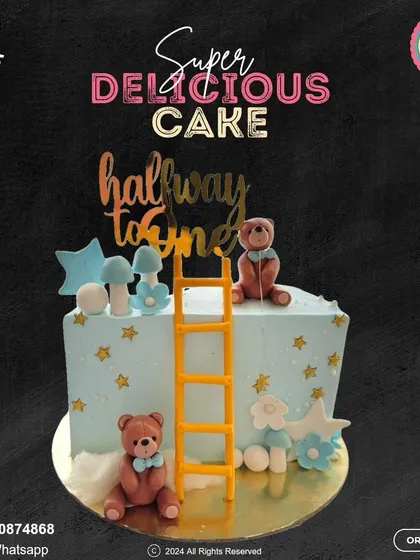 "Halfway to one!" This charming cake features two teddy bears, a ladder, and stars, creating a sweet storybook scene for a six-month birthday celebration.