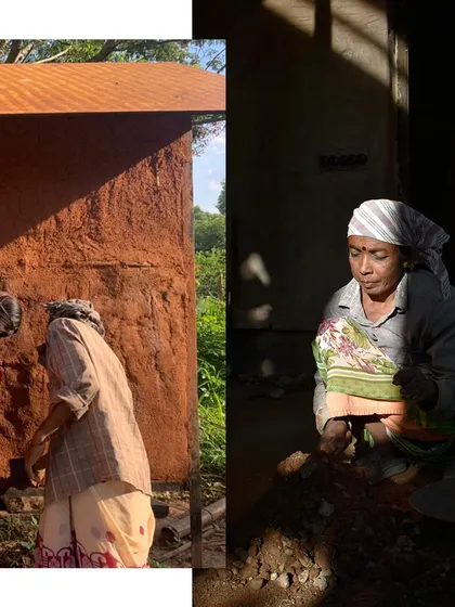 A collage showing the grit and grace of our women masons at the Cheerville project. From plastering walls to quiet moments of focus, their hard work brings our sustainable designs to life.
