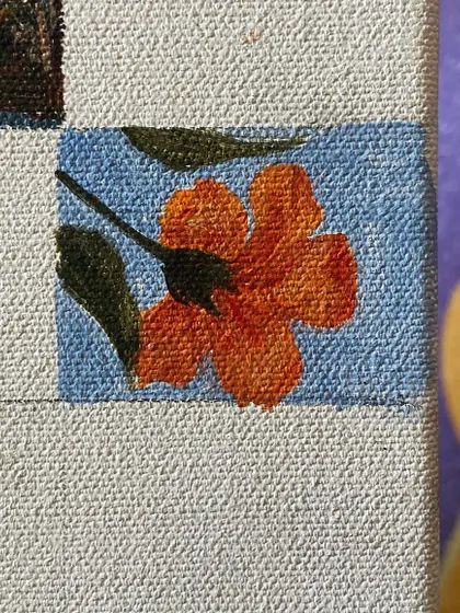 A mini-painting of a flower, part of a "Monsoon Edition" series on the canvas.