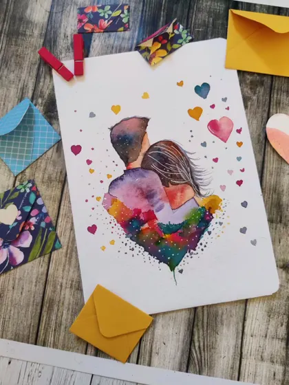 My custom couple portrait card, styled with mini envelopes and clips. I can create a whole stationery set for you, perfect for sending love notes.