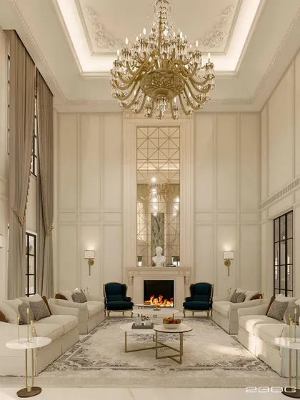 A formal living space designed with neoclassical principles, featuring a double-height ceiling, a grand fireplace, and a massive crystal chandelier. The symmetrical furniture layout and neutral color palette create an atmosphere of refined elegance.