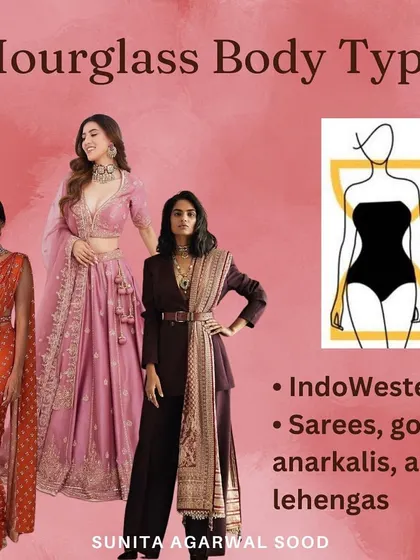 For the hourglass body type, almost everything works. Indo-western outfits, sarees, gowns, and lehengas all beautifully accentuate your natural curves.