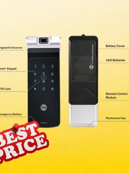 Our Best Price guarantee ensures you get maximum value. This image details the key components of the Yale YDR 50 GA, from the fingerprint scanner and smart keypad to the emergency battery terminal and mechanical key override.