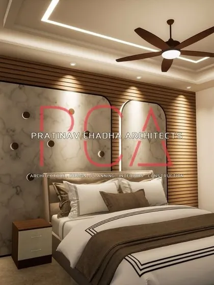 A 3D render of a bedroom in the Vasant Kunj residence, showcasing a unique headboard wall with marble-finish panels and button-like details.
