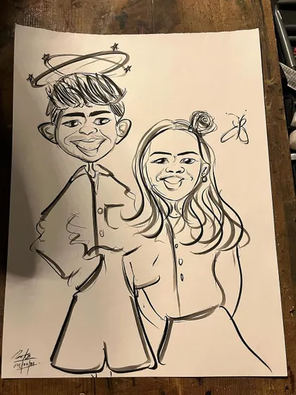A playful caricature of a young couple, capturing a fun and lighthearted vibe.