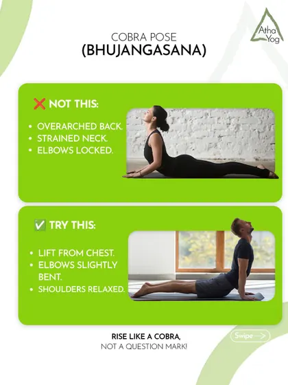 A guide to perfecting Cobra Pose (Bhujangasana). We show the common mistakes, like overarching the back, and how to correct them by lifting from the chest with relaxed shoulders.