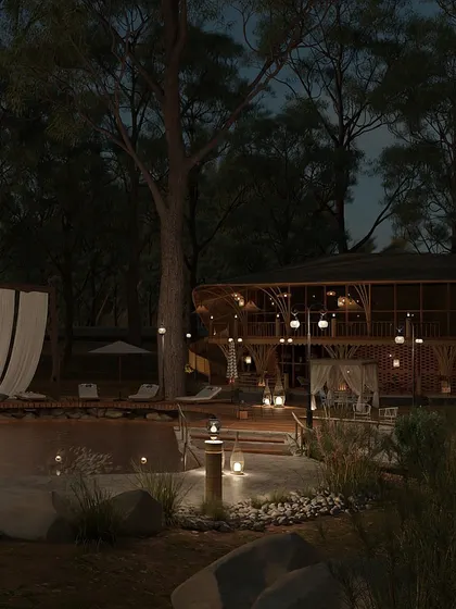 As dusk falls, the resort transforms. I used layered, warm lighting to create a magical and intimate atmosphere, highlighting the wooden textures and natural pathways. The goal was to make the evenings feel as serene and enchanting as the day.