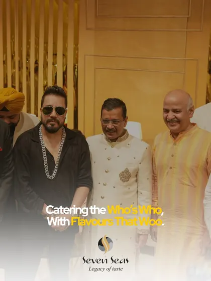 "Catering the Who's Who, With Flavours That Woo." We are proud to have served esteemed political leaders and celebrities, including Mika Singh, Arvind Kejriwal, and Manish Sisodia, at exclusive events.