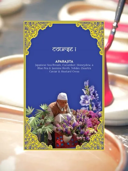 Another look at the "Aparajita" menu card, set against the backdrop of the pottery used for the dinner.