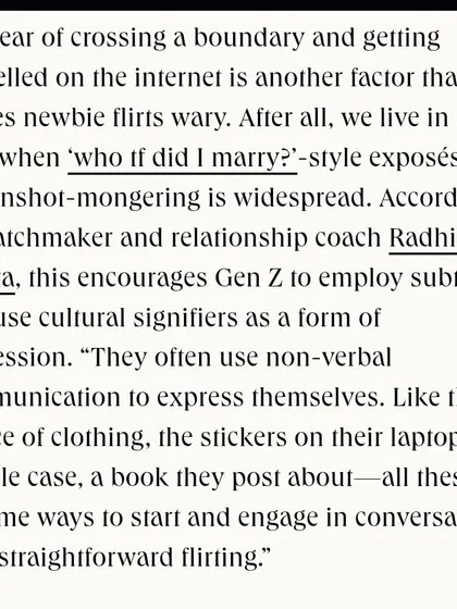 For The Nod Magazine, I discussed how Gen Z uses subtlety and cultural signifiers to flirt. In an age of "cancel culture," things like laptop stickers or the books they post become safer ways to initiate conversation.