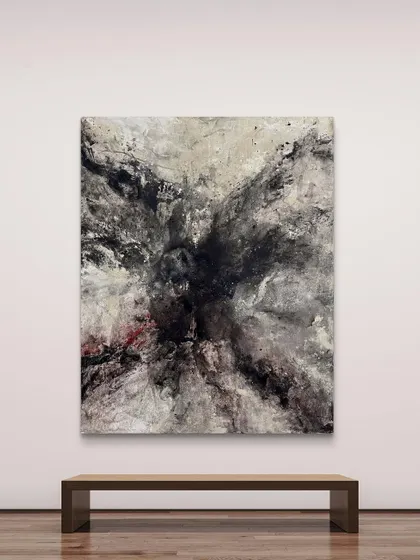The 'Last dream of the Hangmn' painting displayed in a gallery setting. The large scale and dramatic composition make it a truly immersive piece.
