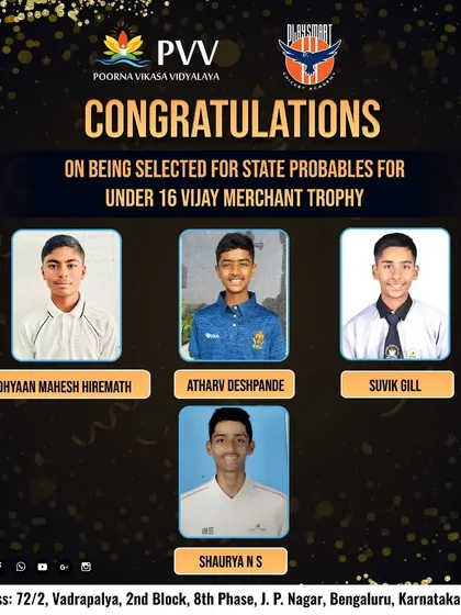 Congratulations to our four players who were selected for the State Probables for the Under-16 Vijay Merchant Trophy. A significant achievement on their cricketing journey.