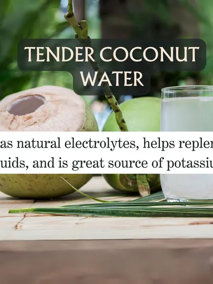 Tender coconut water, or 'nariyal paani', is nature's electrolyte drink. It helps replenish fluids and is a great source of potassium, which is vital during pregnancy. (Duplicate images 36 removed).