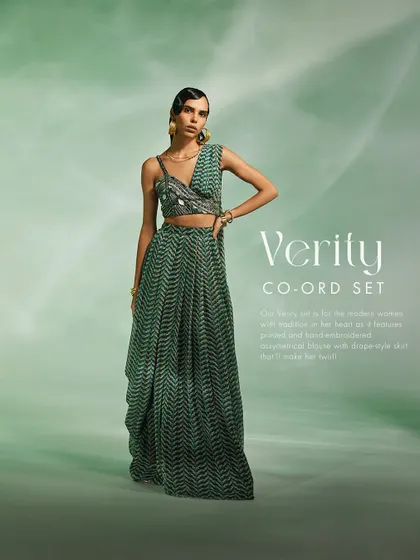 Our Verity co-ord set in a green chevron print, for the modern woman with tradition in her heart.