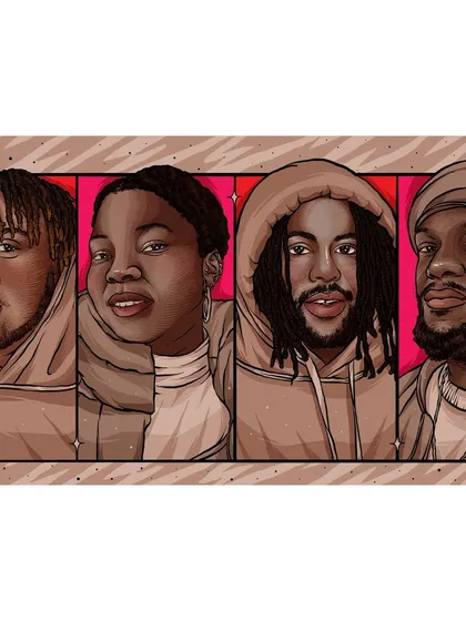 A group portrait of the band Kokoroko for Bandcamp Weekly, capturing the individual personalities of the members in a unified composition.
