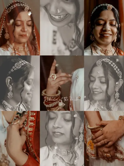 A creative black and white collage focusing on the beautiful details of the bride's look, from her jewelry to her smile.