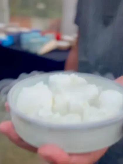 Another view of the nitrogen chaat, creating a cloud of smoke. This is how I give comfort food a bespoke, modern makeover.