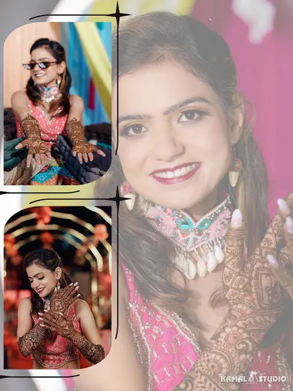 A collage of the bride's portraits, highlighting her beautiful mehendi and her happy, confident expressions.