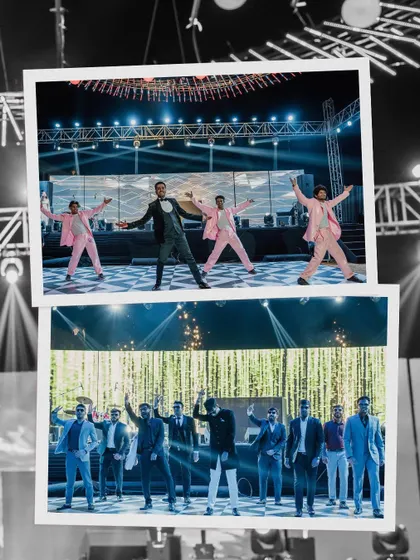 A collage showcasing the groom's energetic dance performances with his friends. These shots capture the fun, friendship, and excitement of the Sangeet.