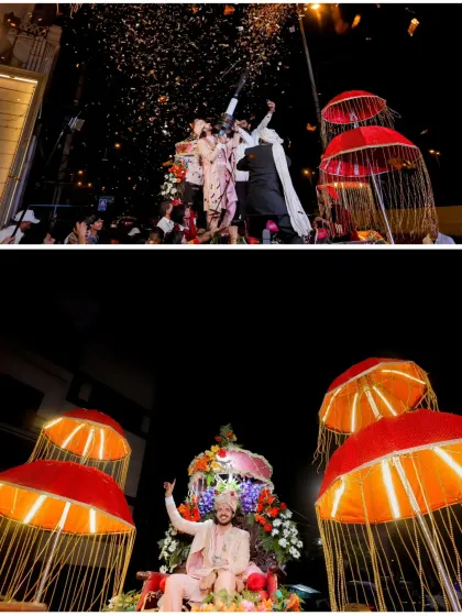 The groom's grand entrance on a carriage, surrounded by festive umbrellas.