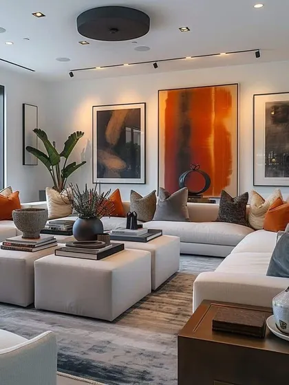 This spacious living room is designed for comfort and conversation. The multiple ottomans can be used as coffee tables or extra seating, making the layout flexible.