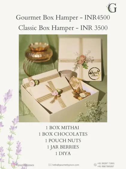 Details of our Diwali Gourmet and Classic Box Hampers. This image provides pricing and lists the contents, including mithai, chocolates, nuts, and a diya.
