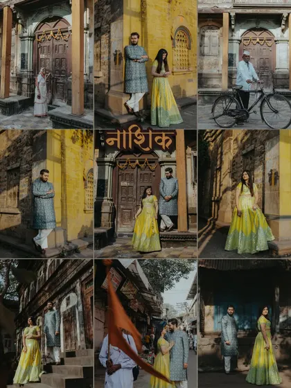 A grid of nine images showcasing the variety of shots from a pre-wedding shoot in Nashik, capturing the essence of the city.