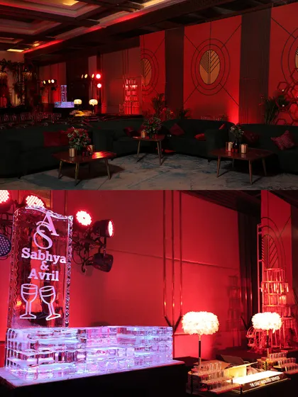 The retro theme was completed with a custom ice bar carved with the couple's initials, adding a unique and memorable touch to the party.