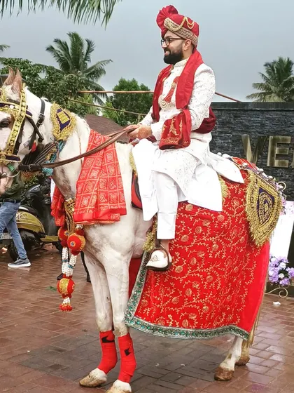 A groom makes a grand entrance on a beautifully decorated horse for the baraat.