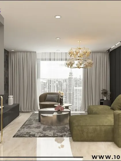 This 'Zen Glam' living room in Pune balances serenity and sparkle. The olive green sofa, backlit geometric wall, and Ganesha idol create a space that is both peaceful and posh.