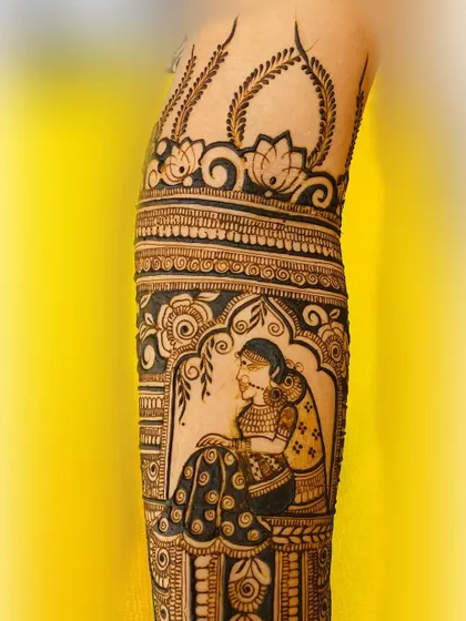 This is the matching bride's portrait from the Rajasthani set, showing her seated gracefully in a palace window (jharokha). Every detail, from her attire to her posture, is designed to complement the overall story.