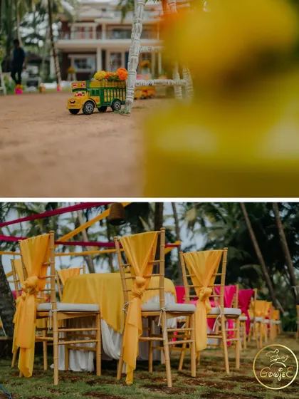 The small details matter, like this miniature truck used as a flower holder, adding a touch of whimsy to the Haldi decor.