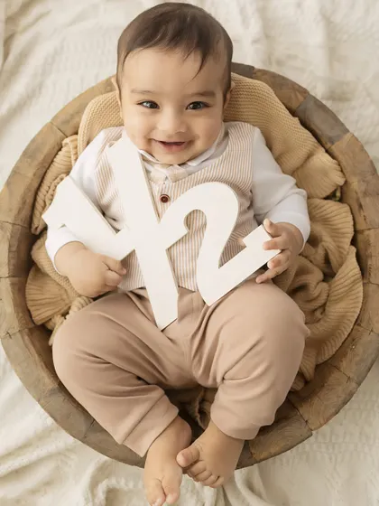 A big, proud smile. This little one is so happy to be celebrating his six-month milestone in our studio.