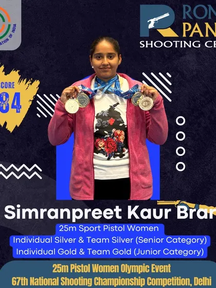 A phenomenal, multi-medal performance by Simranpreet Kaur Brar at the National Championships. She won Individual Silver and Team Silver in the Senior category, and Individual Gold and Team Gold in the Junior category for 25m Sport Pistol.