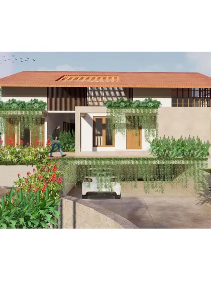 'Kodial Cove' is a home enclosed in the calm suburbs of Mangalore, designed to feel both warm and contemporary. The design incorporates a unique combination of louver work and *jaali* screens, with lush creepers softening the architecture.