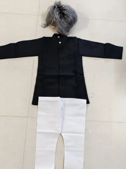 For portraying figures like Dr. A.P.J. Abdul Kalam or other scholars, I have this costume set. It includes a black buttoned-up coat, white pants, and a wig to complete the look.